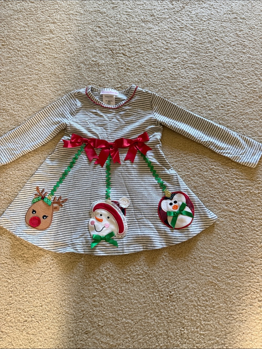 Bonnie Jean Gray Striped Holiday Dress with Red and Green Accents